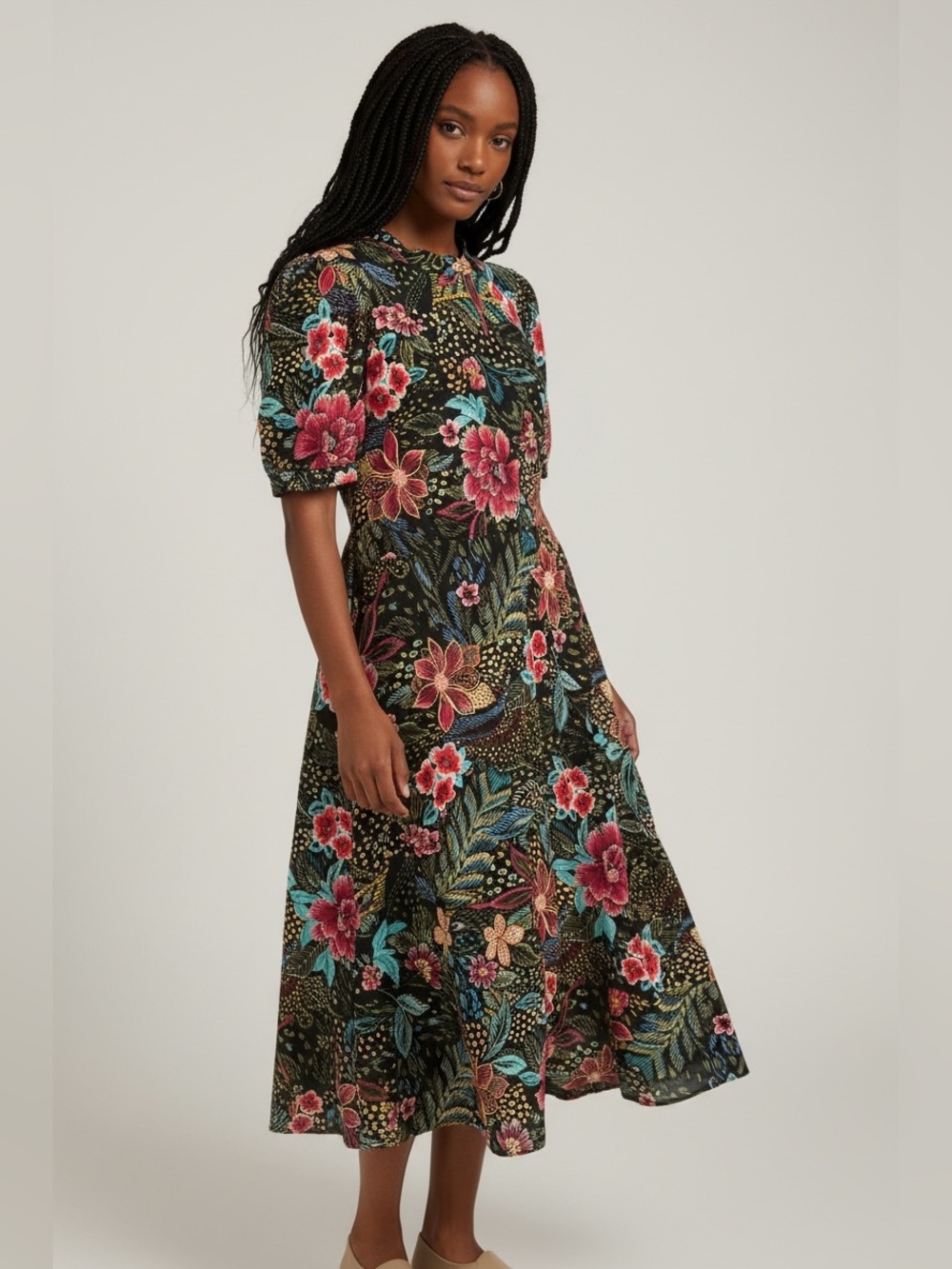 Black Floral Midi Dress with Pink & Teal Blooms